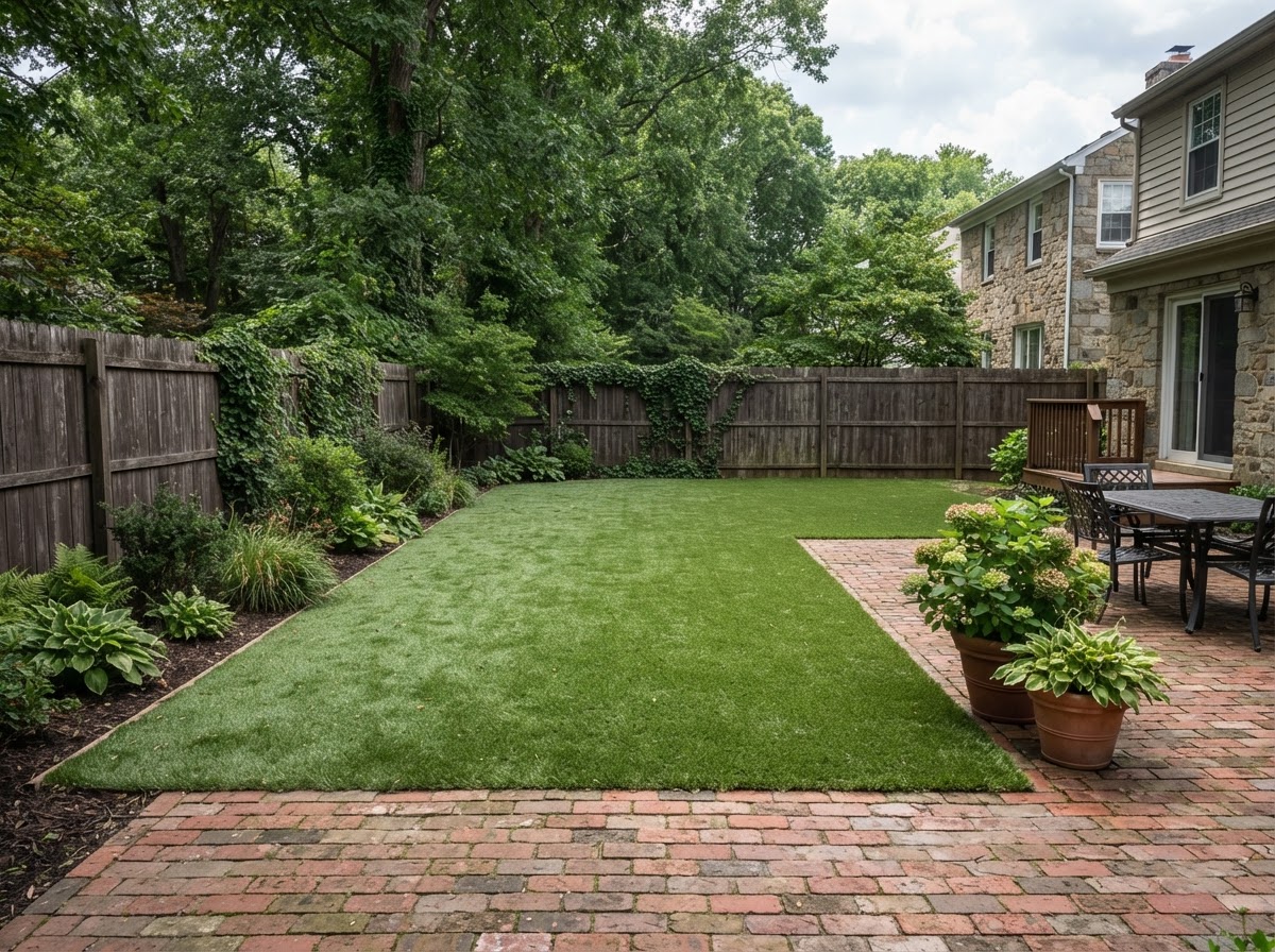 Finished backyard artificial grass lawn at a residential property in York Pennsylvania