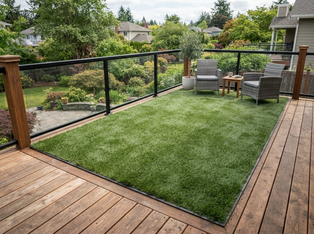 Artificial turf installed on an elevated wooden deck surface with clean perimeter edge treatment at a residential property