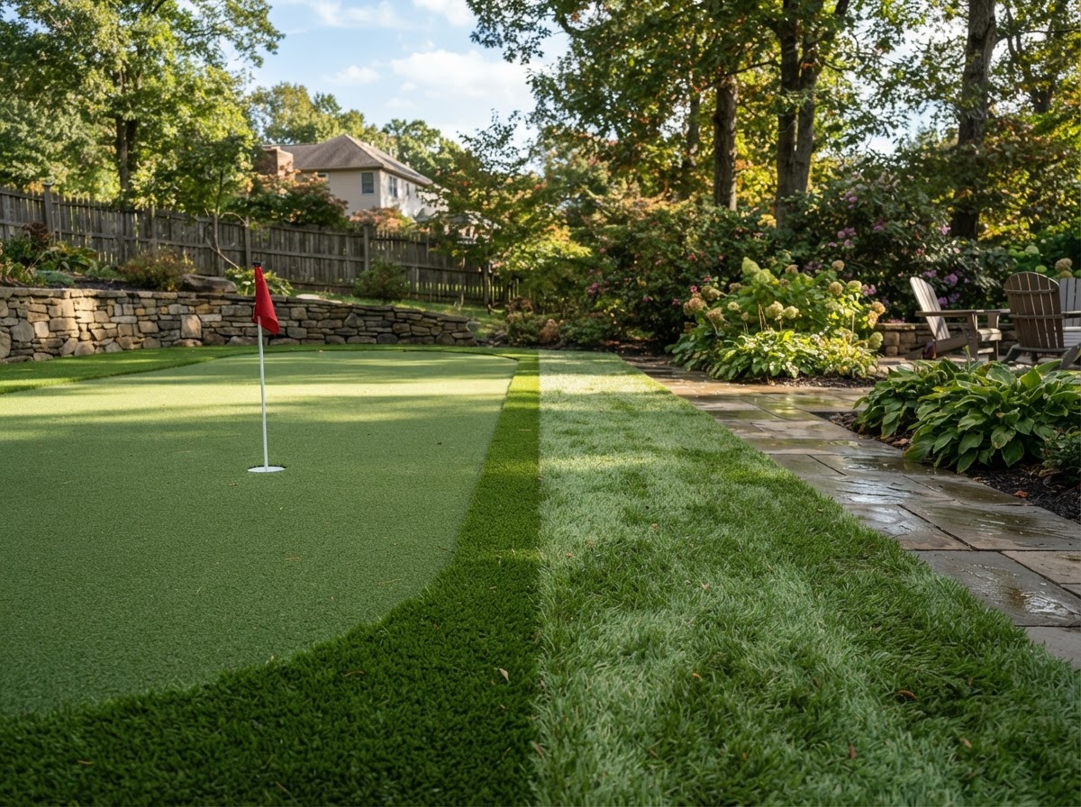 Residential putting green and pet turf side by side in a Pennsylvania backyard