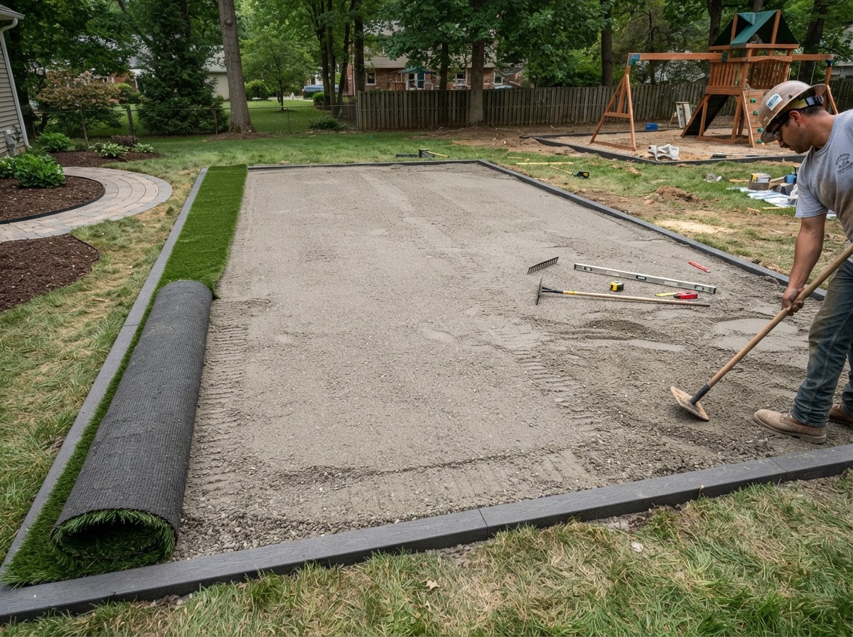 Compacted aggregate base preparation for a playground turf installation, leveled sub-base ready for synthetic turf