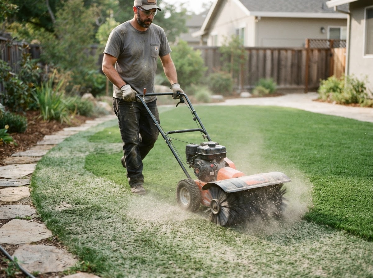 Installer power brushing and grooming artificial turf to lift matted fibers and redistribute infill