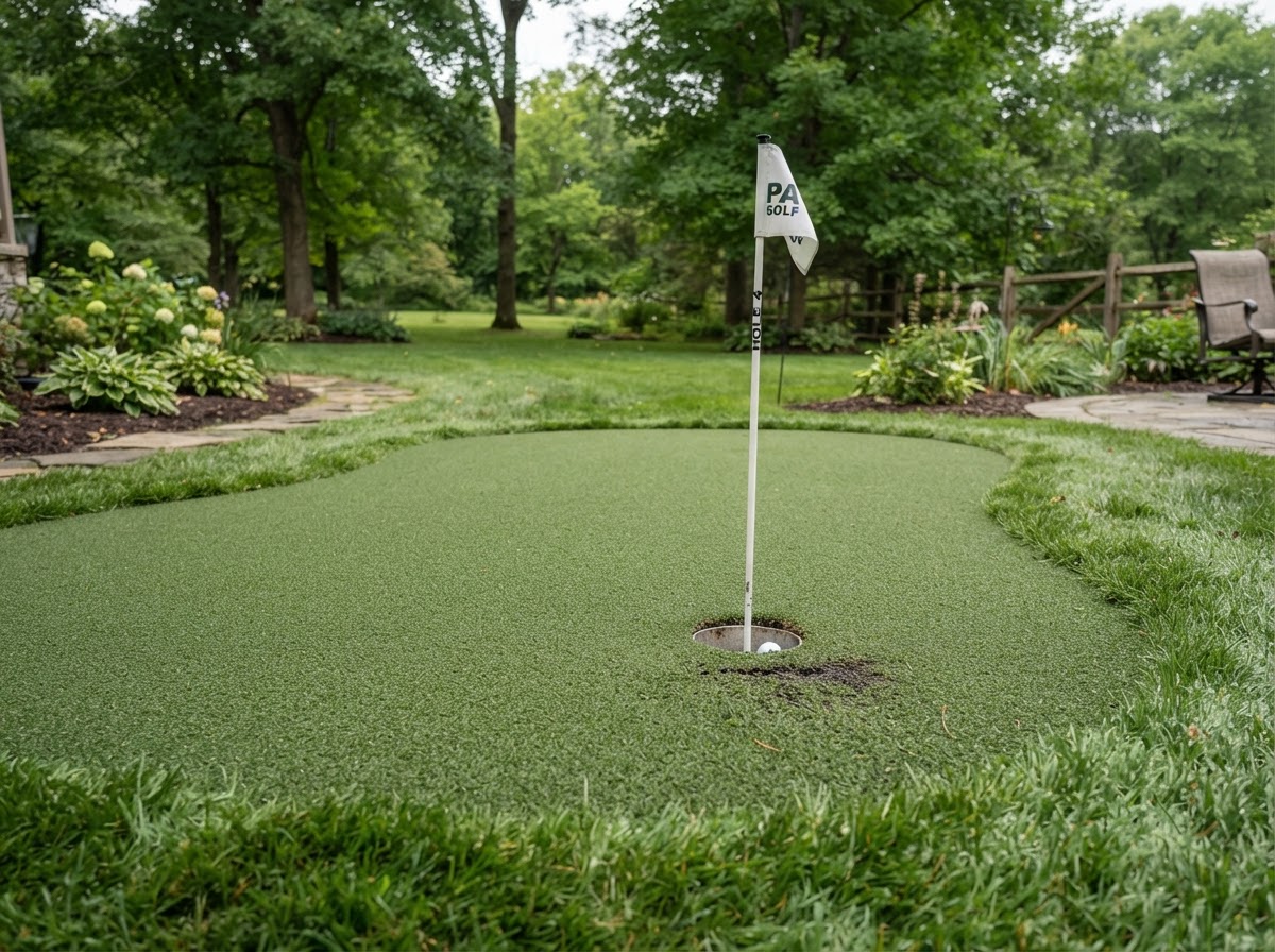 Residential putting green with cup and fringe at a Mount Wolf Pennsylvania home