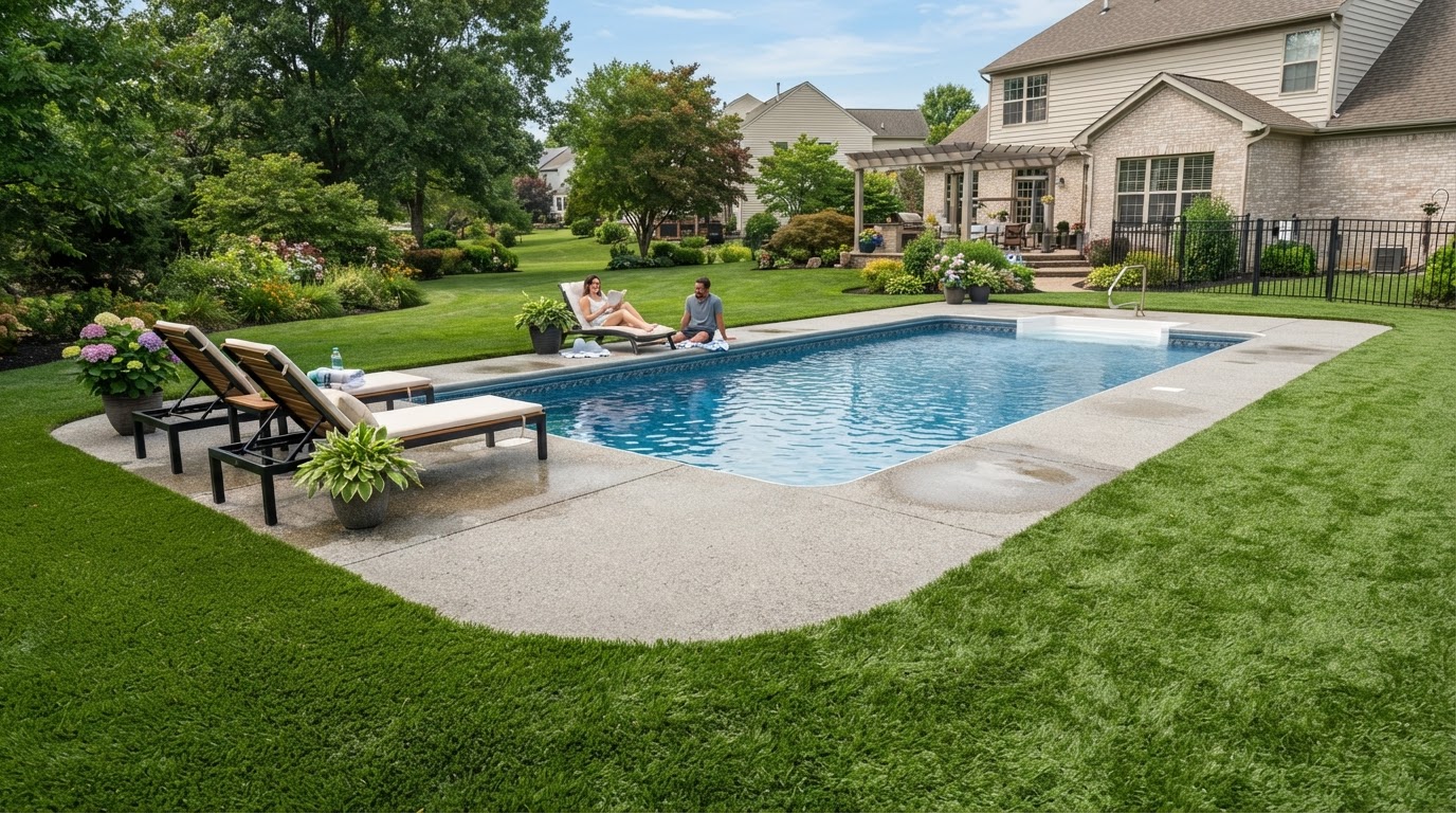 Poolside artificial turf installation at a home in York Pennsylvania