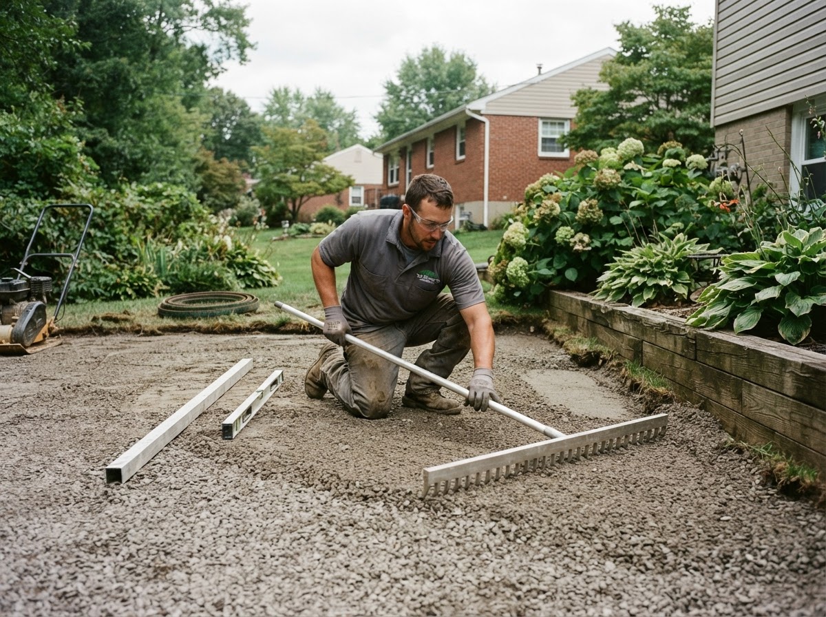 Installer evaluating and preparing a compacted aggregate base during artificial turf replacement at a residential yard in Pennsylvania