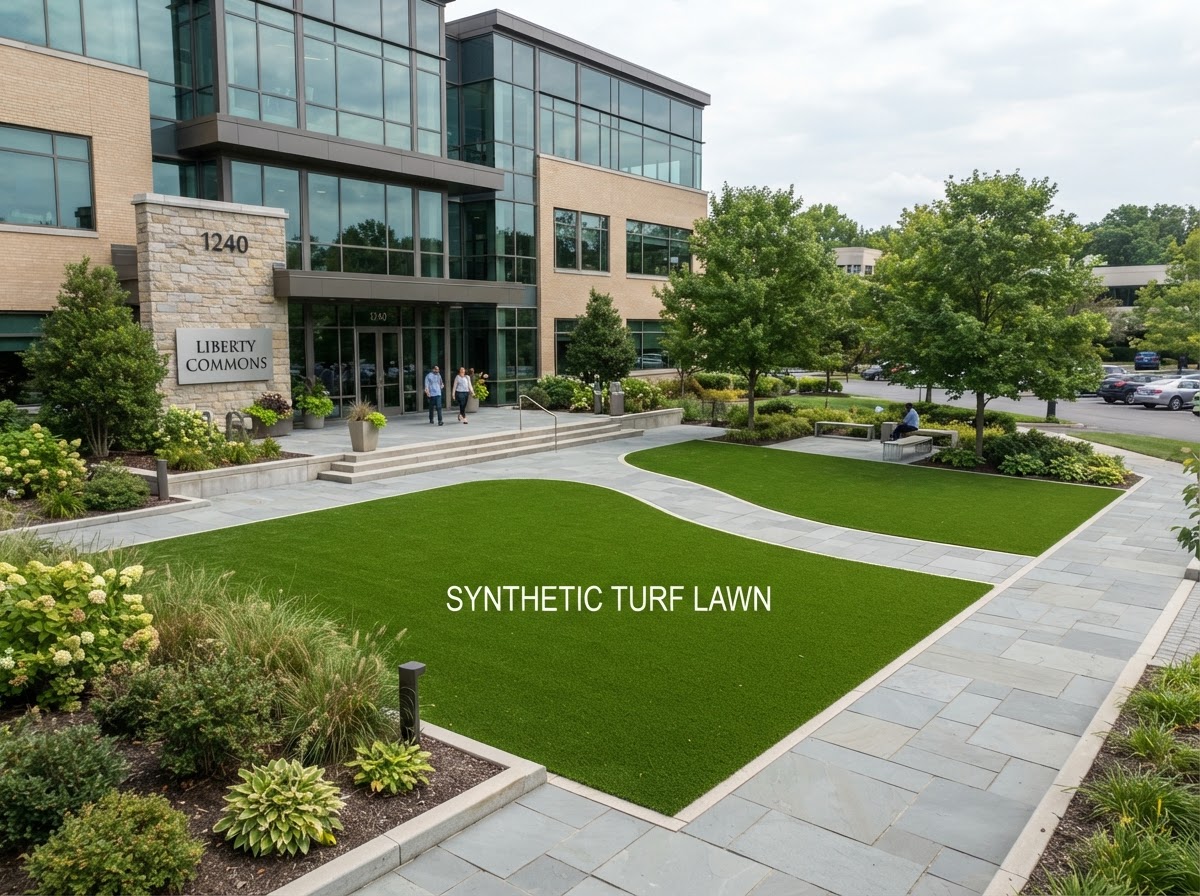 Commercial office building frontage and courtyard with installed artificial landscape turf in Pennsylvania