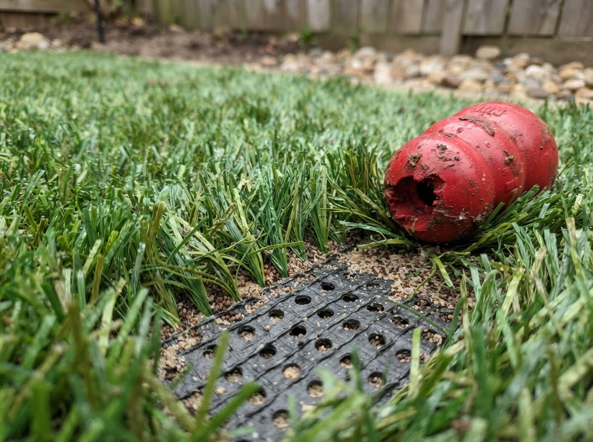 Close-up of pet-friendly artificial turf surface with visible drainage backing and upright green fibers