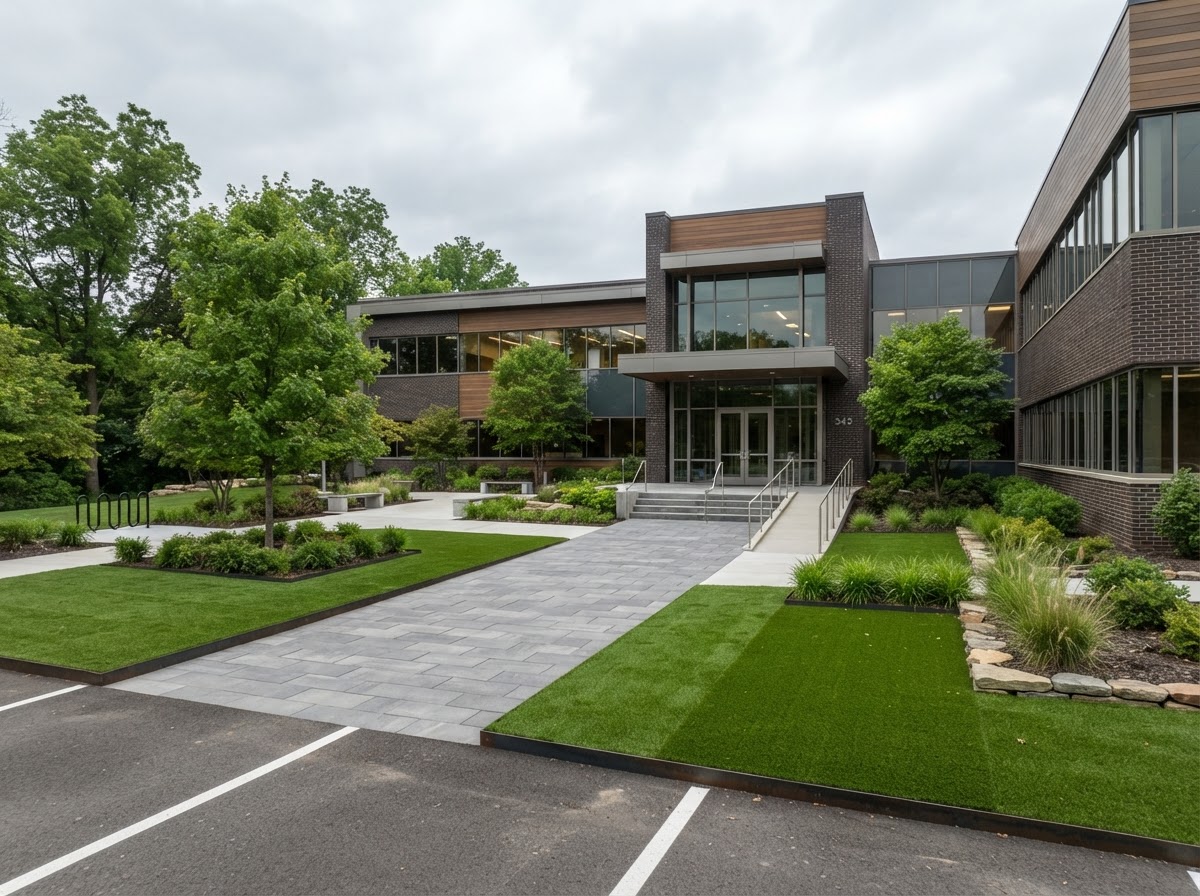 Commercial building frontage and courtyard with installed artificial landscape turf