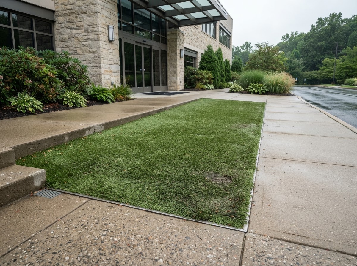 High-traffic commercial synthetic turf at a building entrance plaza