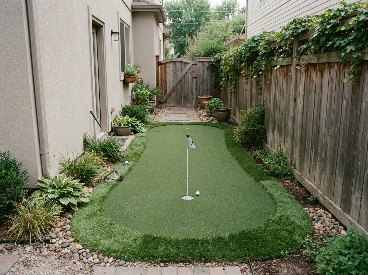 Compact synthetic putting green in a small limited residential yard with one cup and fringe