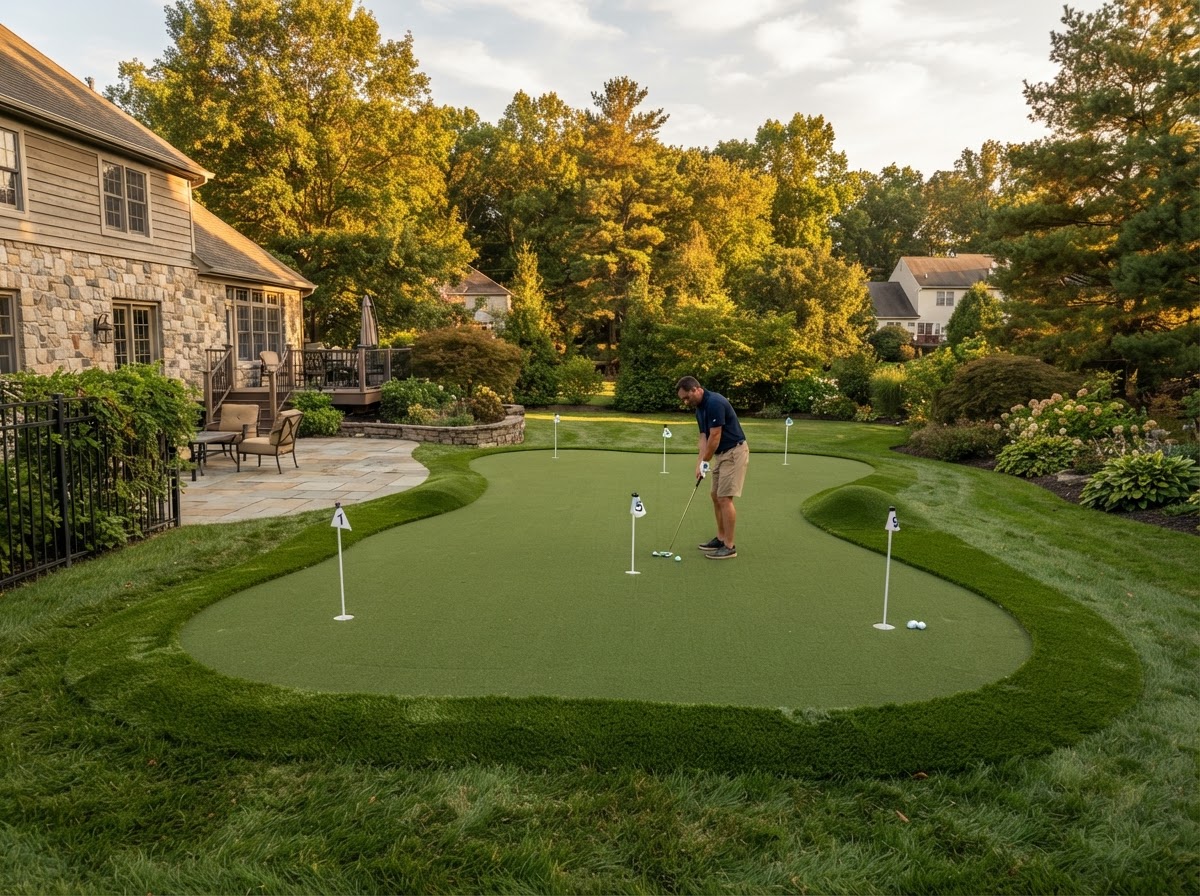 Residential backyard synthetic putting green with cup and fringe in a Pennsylvania yard