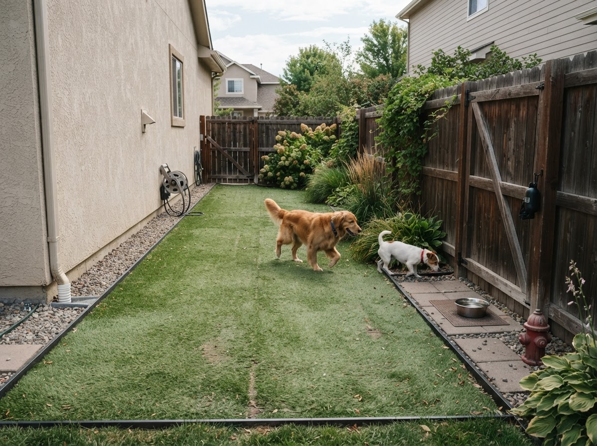 Dedicated dog run with artificial turf in a residential side yard with clean perimeter and suburban fence