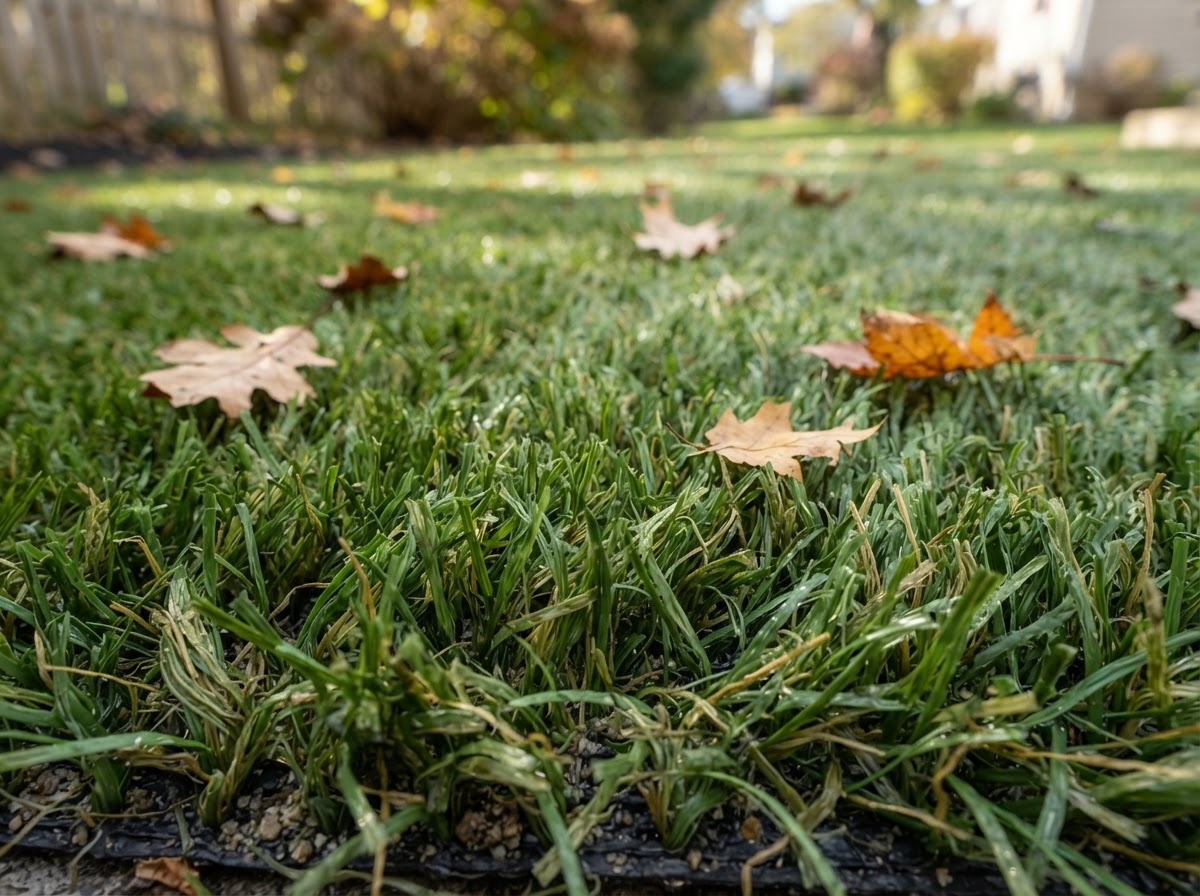 Close-up of green landscape artificial turf fibers in a residential yard