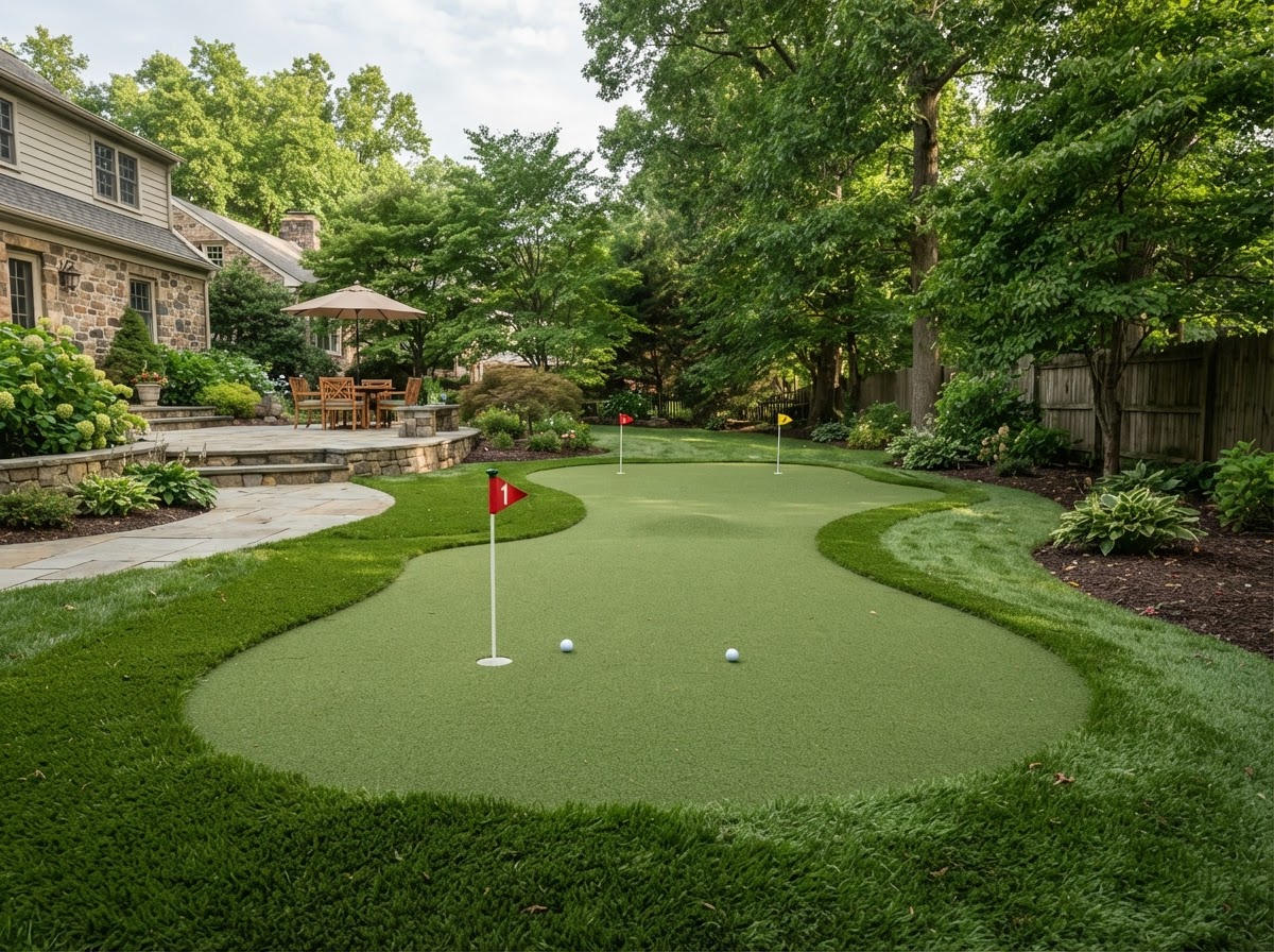 Residential backyard synthetic putting green with cups and fringe in Pennsylvania