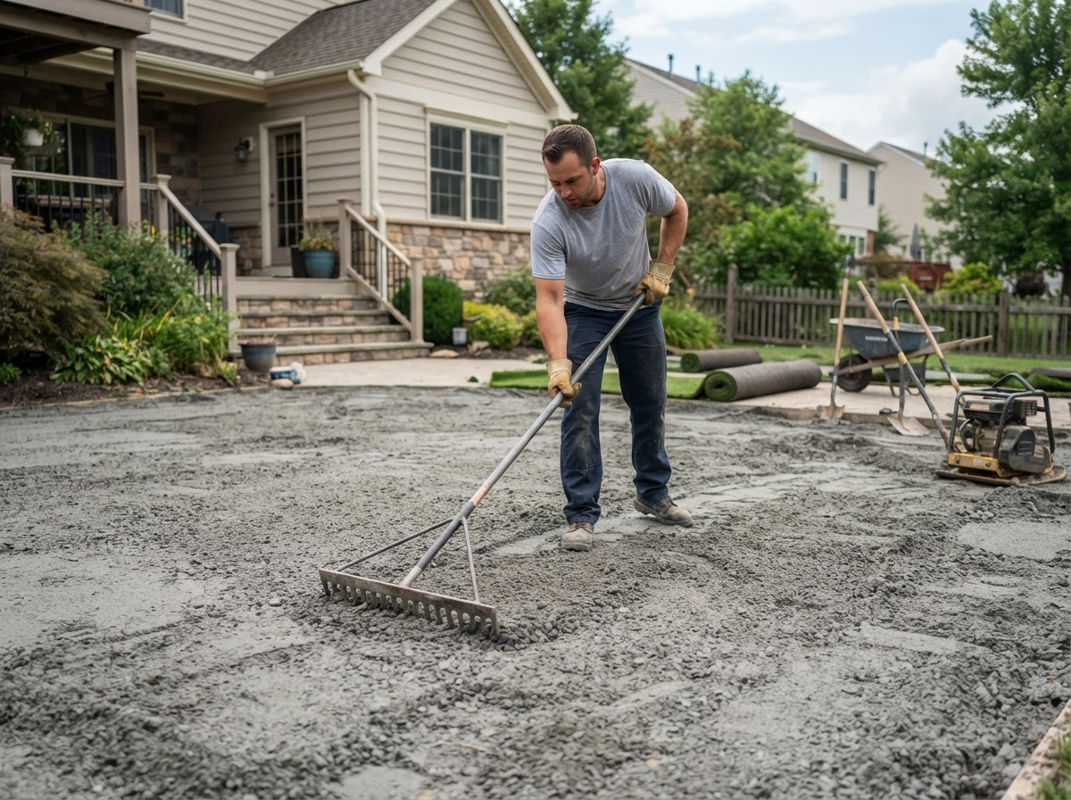 Installer spreading and leveling compacted aggregate base before turf installation
