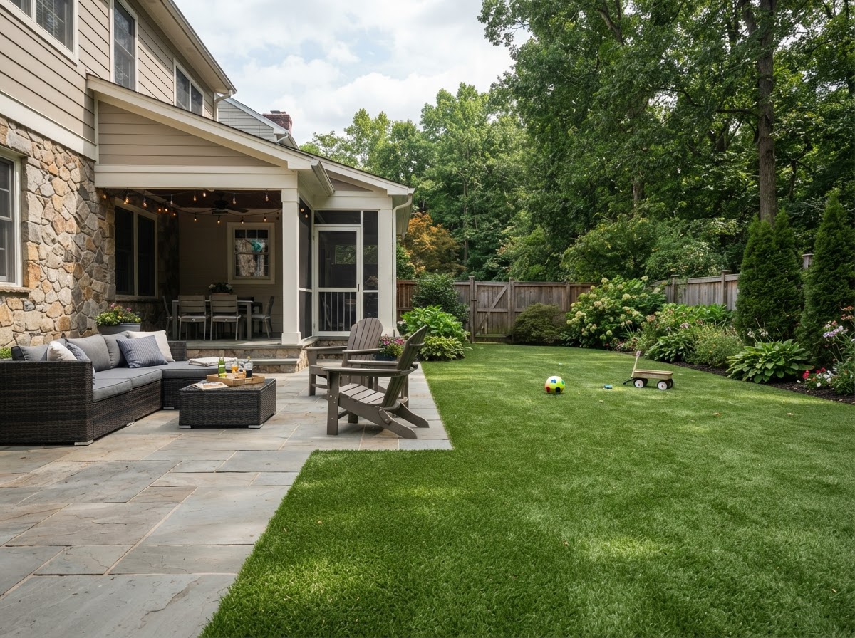Finished family-use backyard artificial grass lawn with clean transition to a stone patio at a Pennsylvania home