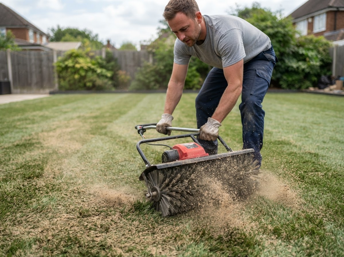 Installer power brushing artificial turf to lift fibers and distribute infill