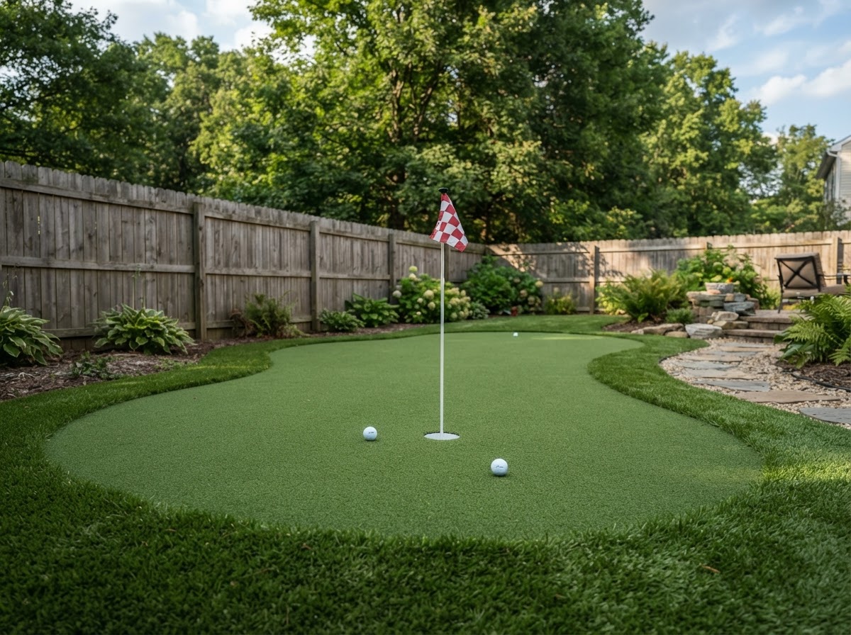 Residential backyard synthetic putting green with cup and fringe in Pennsylvania