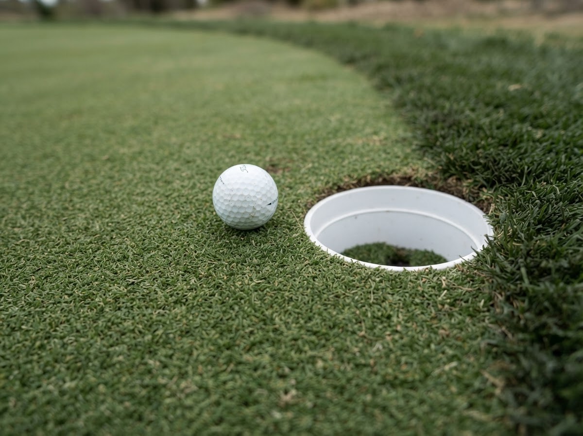 Close-up of a synthetic putting green surface with cup and fringe