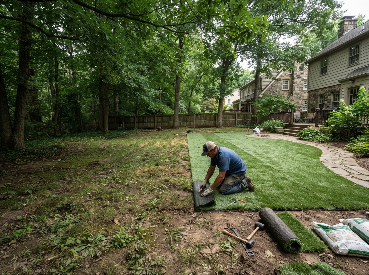 Shaded backyard area where natural grass struggles, being replaced with green synthetic turf at a Pennsylvania home