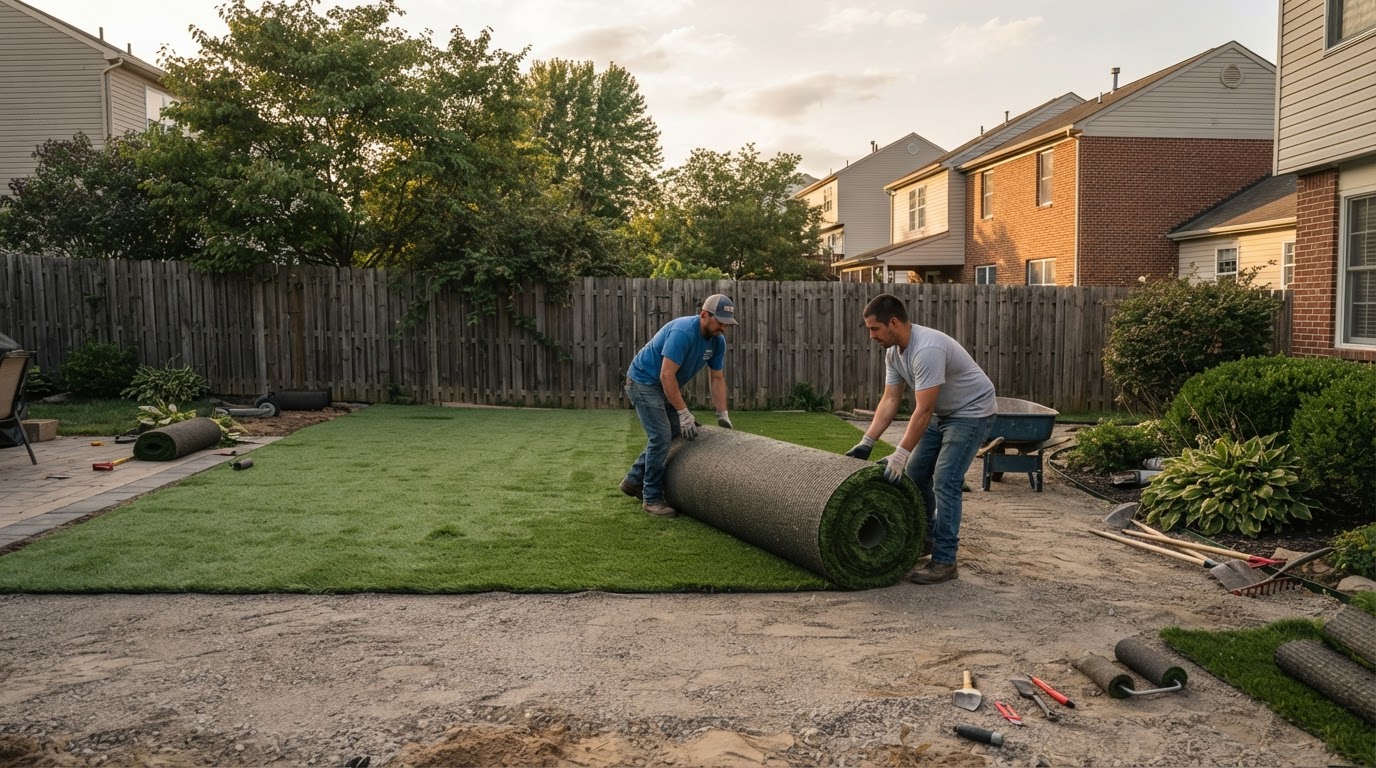 Backyard artificial grass installation at a home in York Pennsylvania