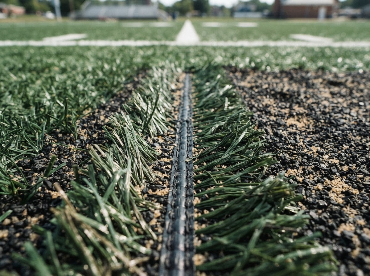 Close-up of sports turf seam joining detail showing precise seam work and infill on a synthetic athletic surface