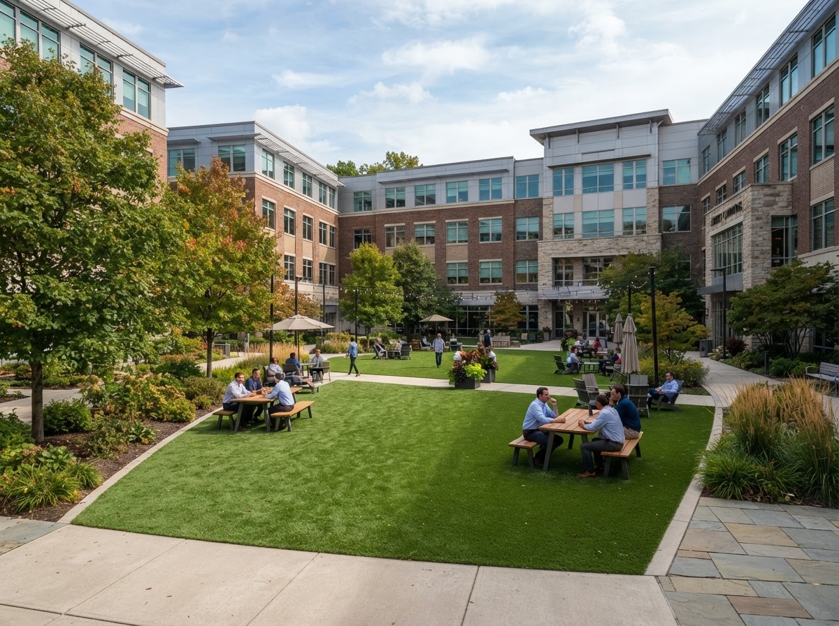 Commercial courtyard amenity space with installed artificial turf surrounded by office buildings in Pennsylvania