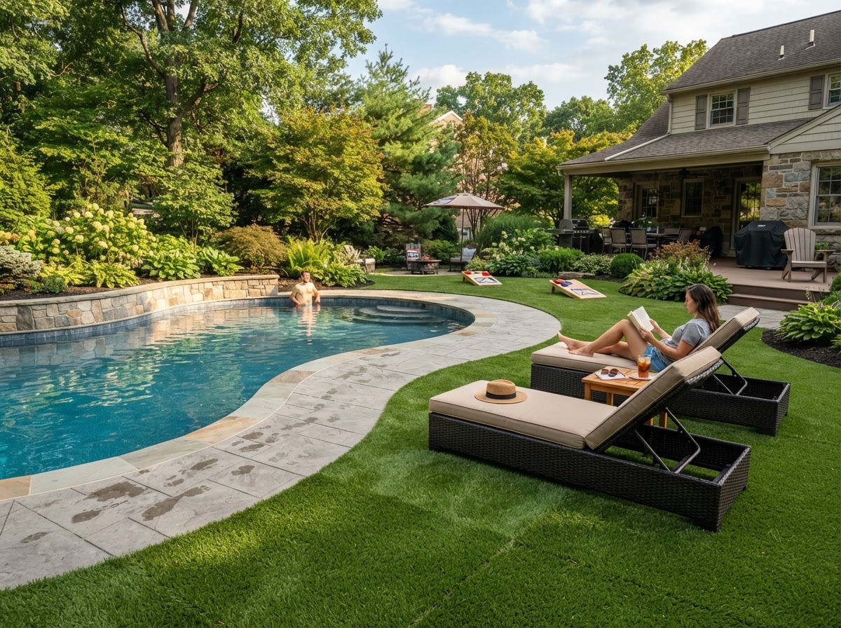 Poolside lounge and recreation area with artificial turf beside a residential swimming pool with lounge chairs