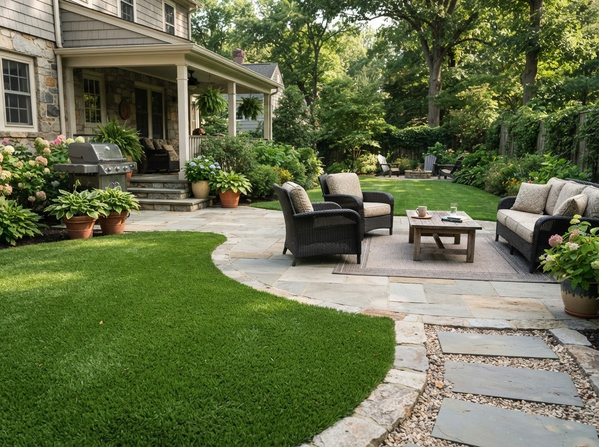 Outdoor living space with artificial turf transitioning cleanly to a stone patio and seating area at a Pennsylvania home