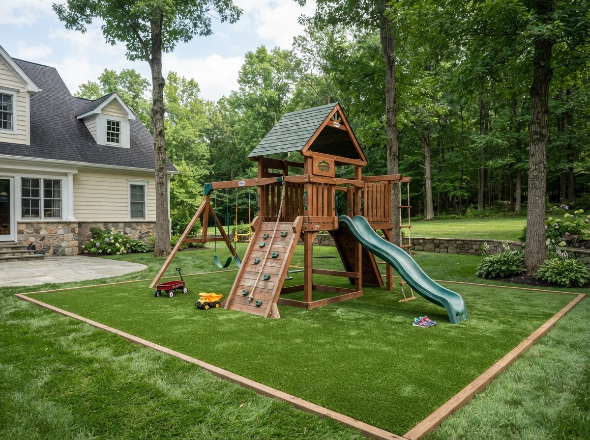 Residential play area with a wooden playset surfaced with green artificial turf in Pennsylvania