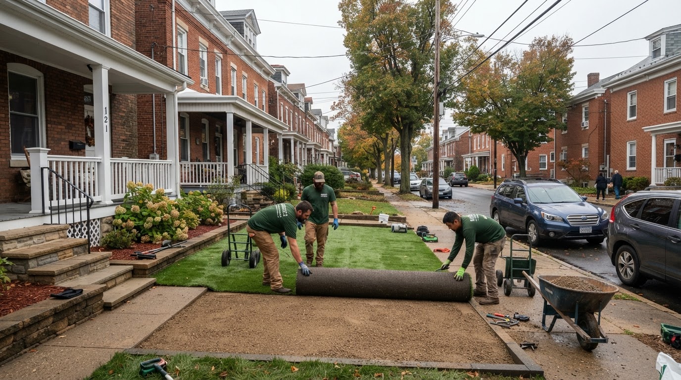 Artificial grass installation at a property in West York Pennsylvania