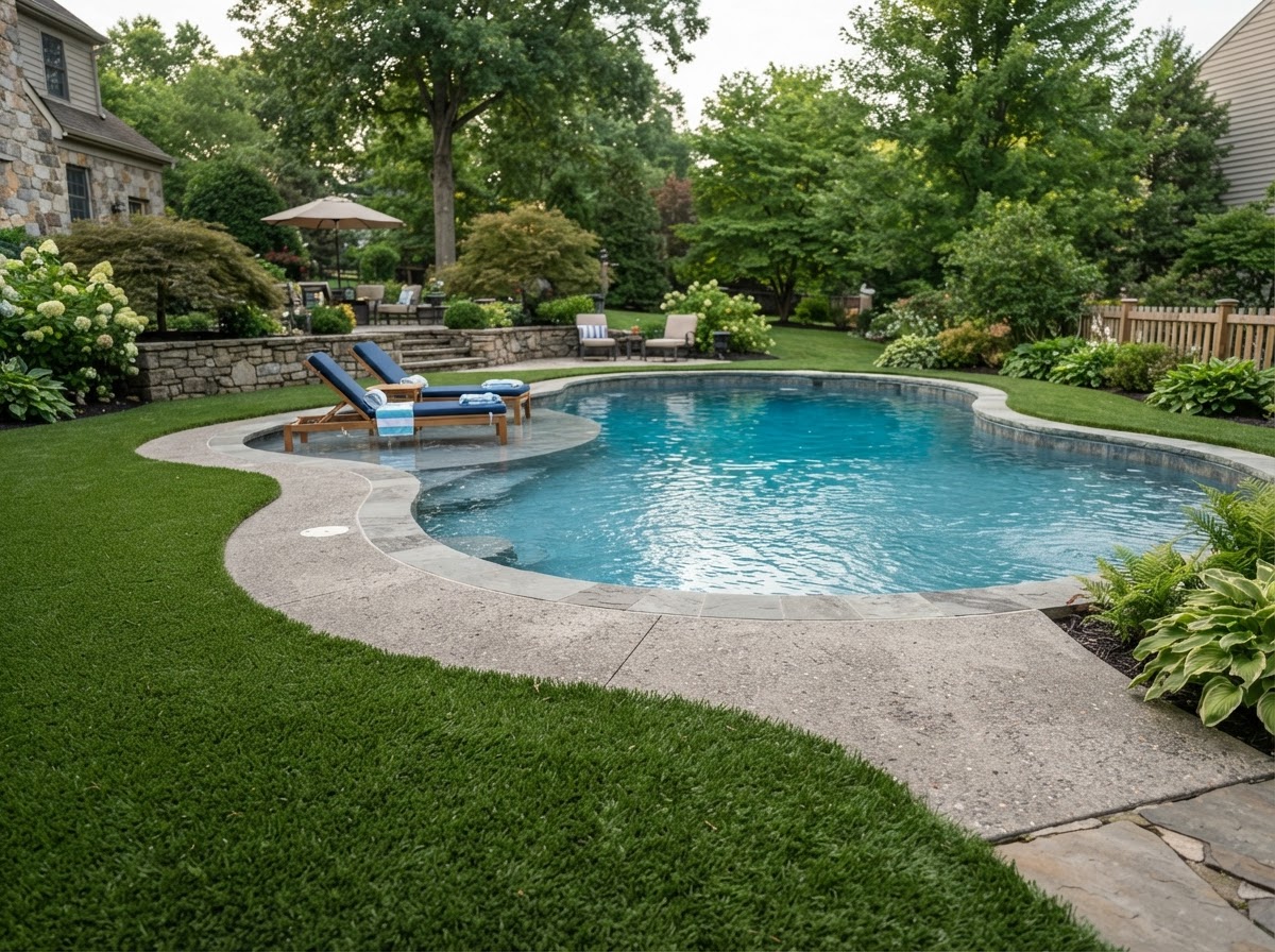 Artificial turf installed around a residential swimming pool deck with clean edge transition in Pennsylvania