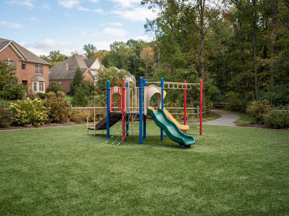 Community play area surfaced with green artificial turf in Pennsylvania