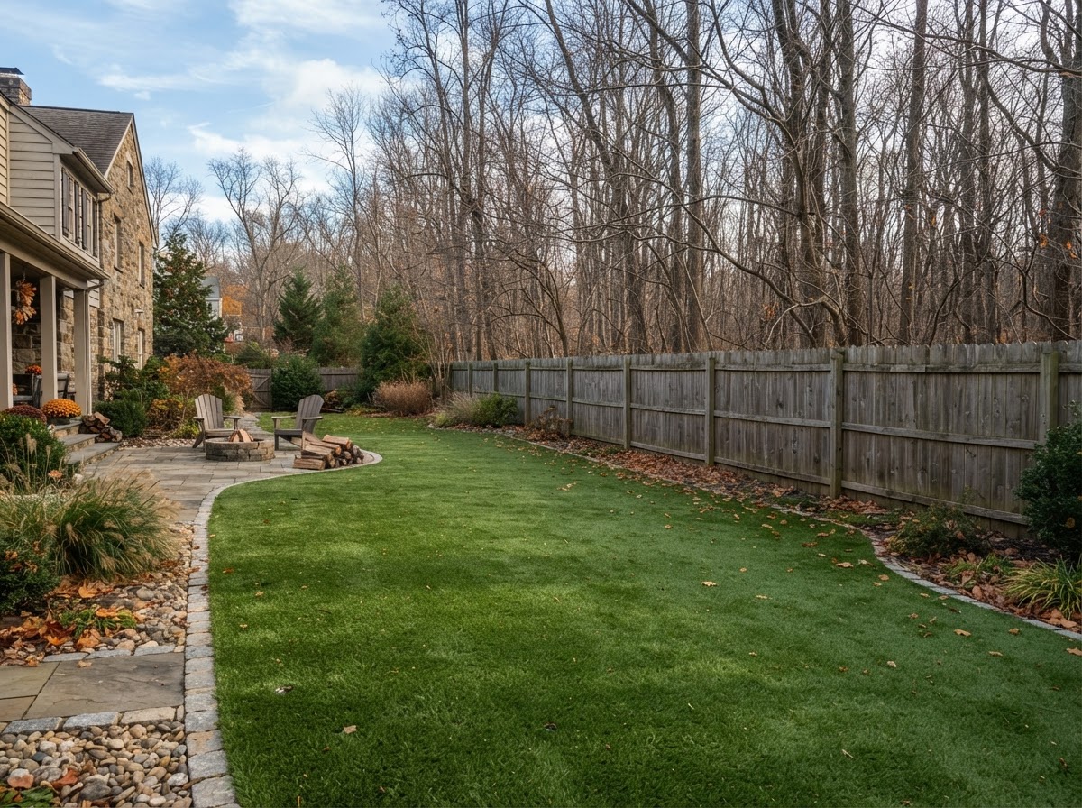 Finished backyard artificial grass lawn at a Pennsylvania home in autumn
