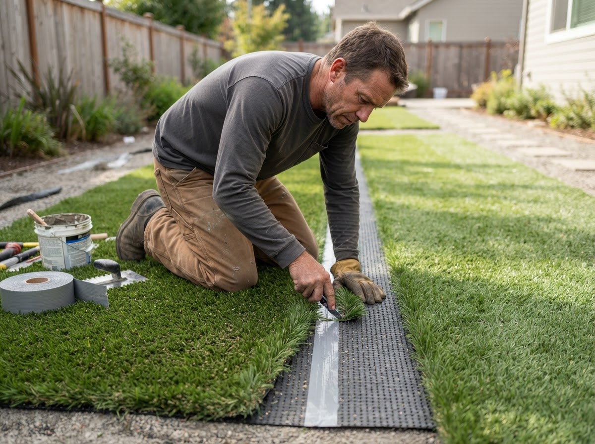 Installer kneeling and doing seam detail work joining strips of synthetic turf