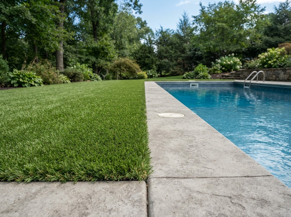 Artificial turf bordering a residential swimming pool deck in Pennsylvania