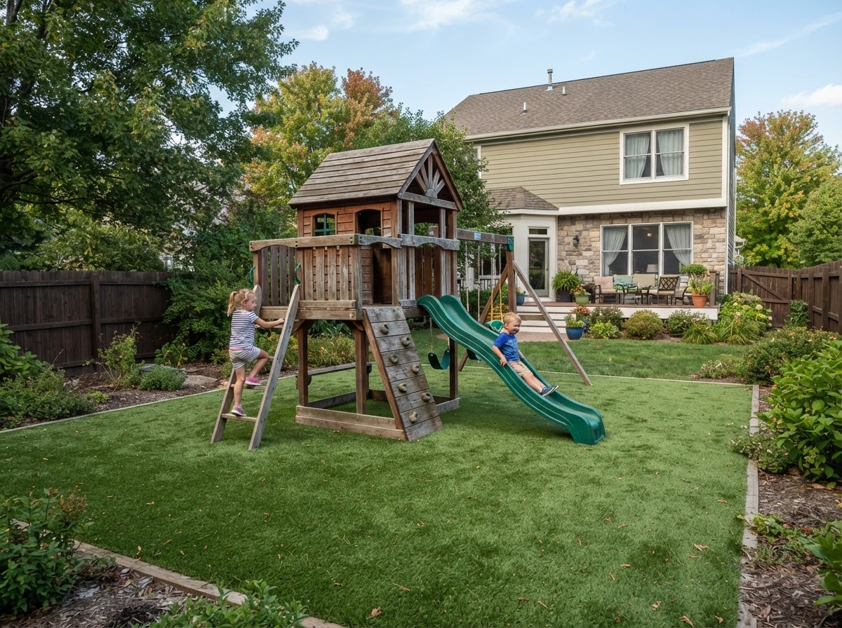 Residential backyard play area with a wooden playset surfaced with green artificial turf in Pennsylvania