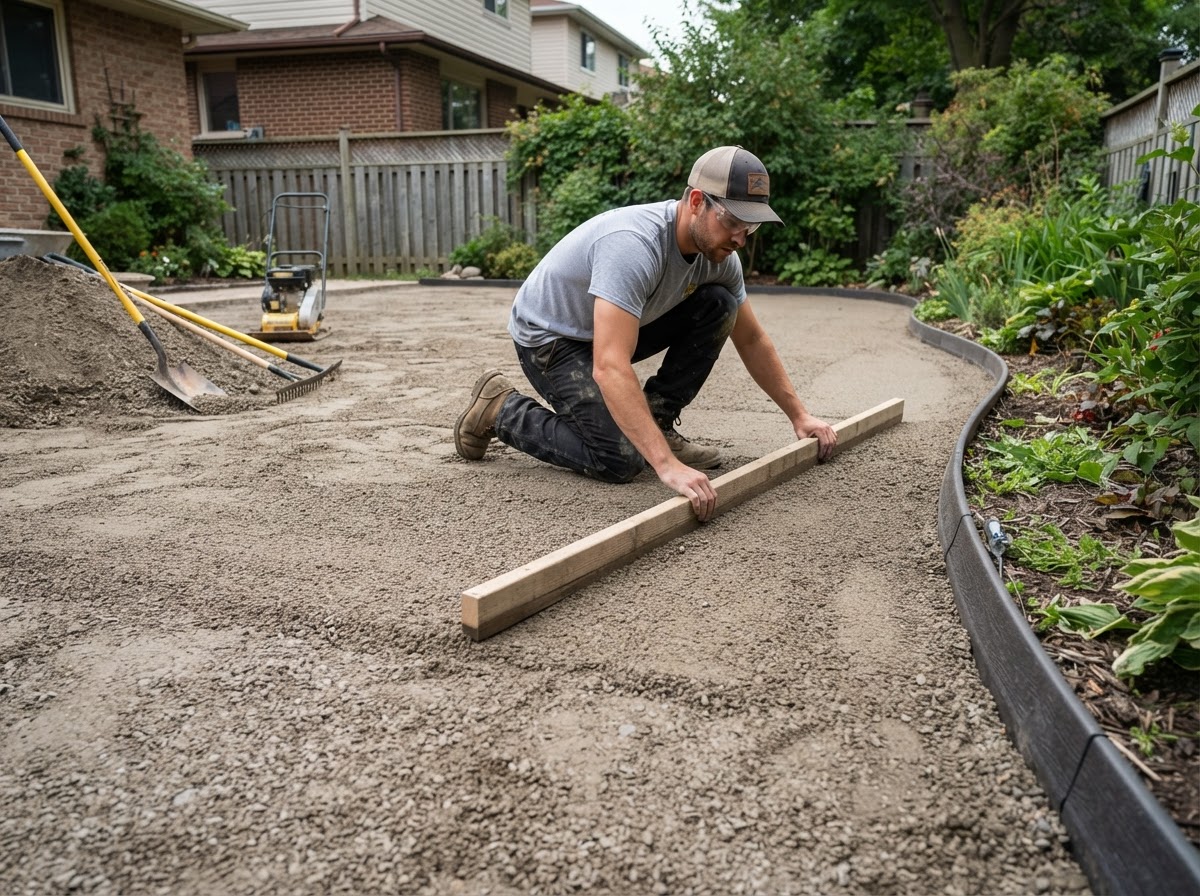 Compacted aggregate base preparation and drainage grading before turf installation