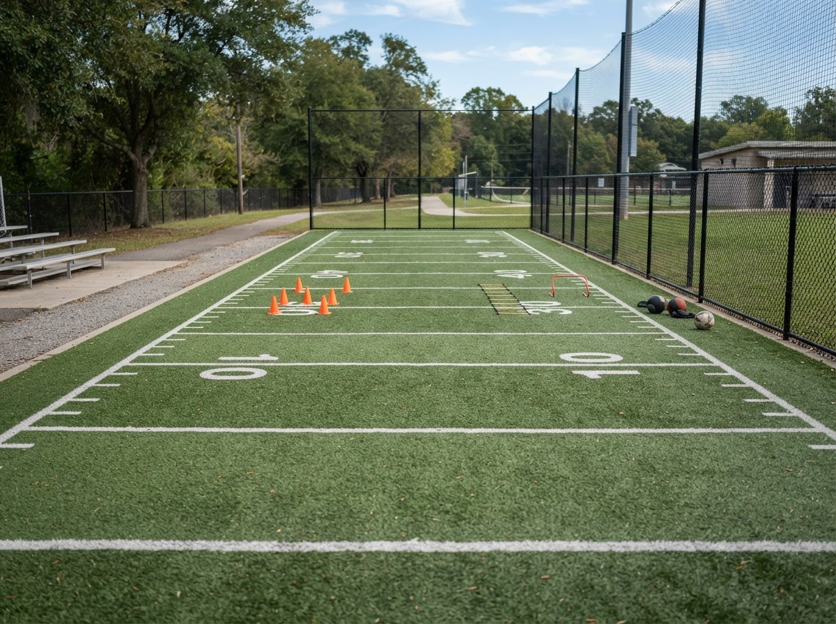 Small athletic training area surfaced with green synthetic sports turf