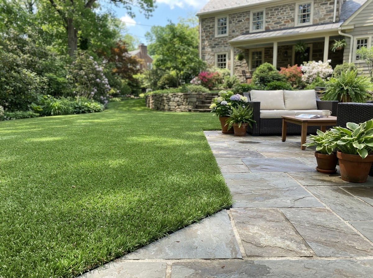 Artificial turf installed on a residential patio beside hardscape with clean edge transition in Pennsylvania