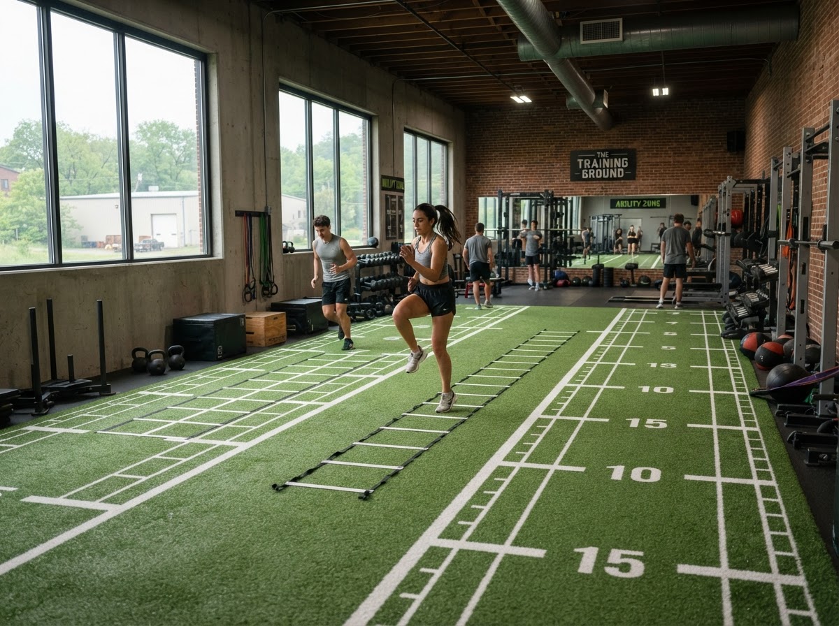 Small commercial athletic training area surfaced with green synthetic sports turf in Pennsylvania