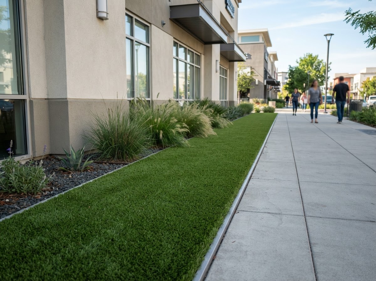 Narrow commercial landscape strip with artificial turf between a building wall and concrete walkway in Pennsylvania