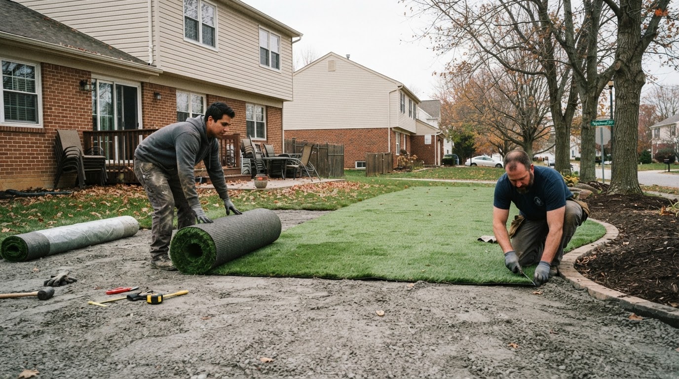 Artificial grass installation at a residential property in York Pennsylvania