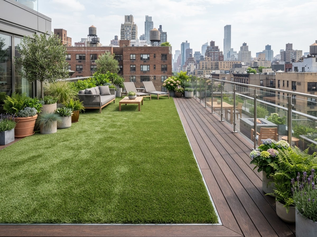 Artificial turf installed on a rooftop patio and deck of an urban residential building