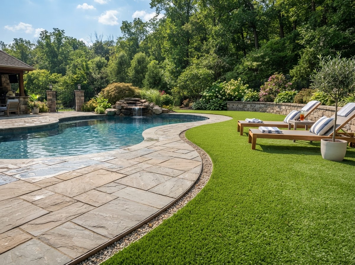 Artificial turf installed beside a residential swimming pool deck with clean edge transition to concrete coping in Pennsylvania