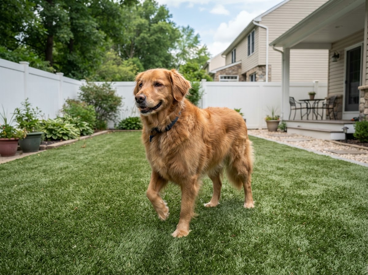 Dog resting on a green artificial turf backyard lawn at a Pennsylvania home