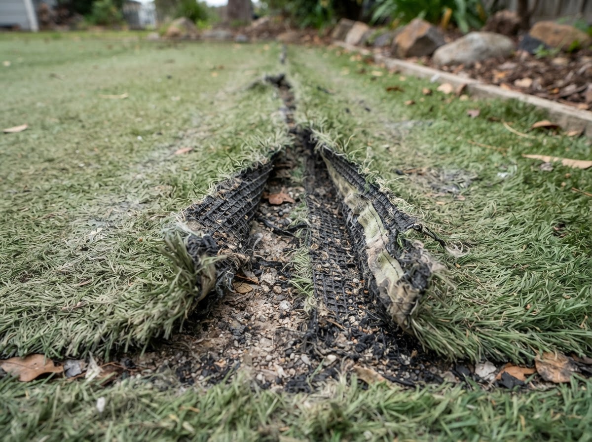 Close-up of a separated seam and lifting edge on aging artificial turf showing the problem area at a residential property