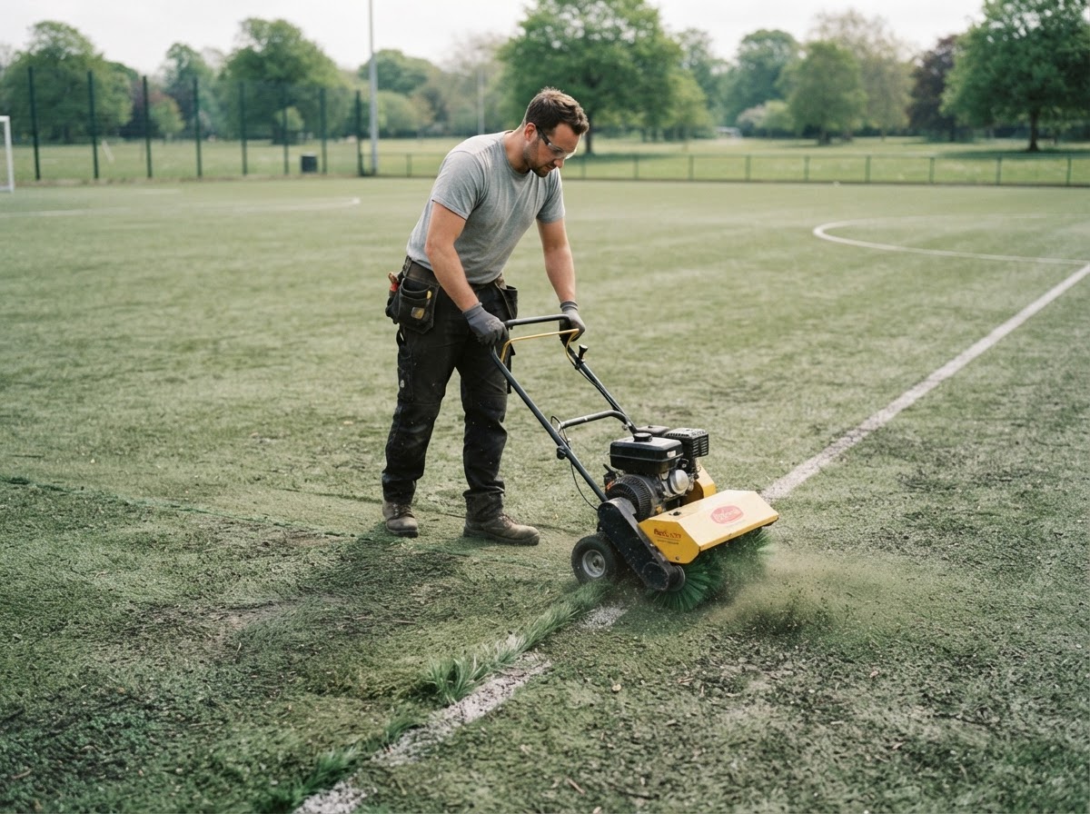 Technician performing artificial turf seam detail maintenance and power brushing on an installed synthetic turf surface