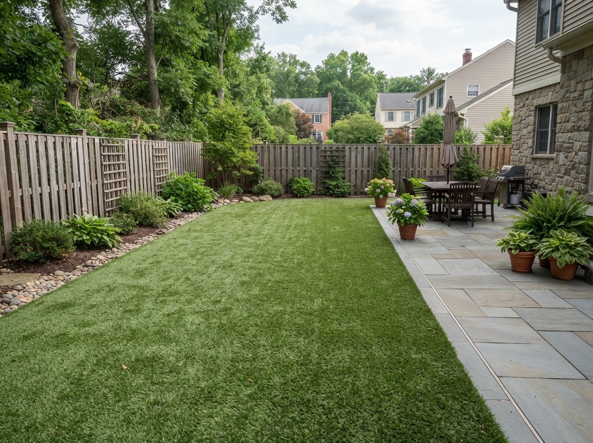 Finished backyard artificial grass lawn with clean transition to a stone patio at a Pennsylvania home