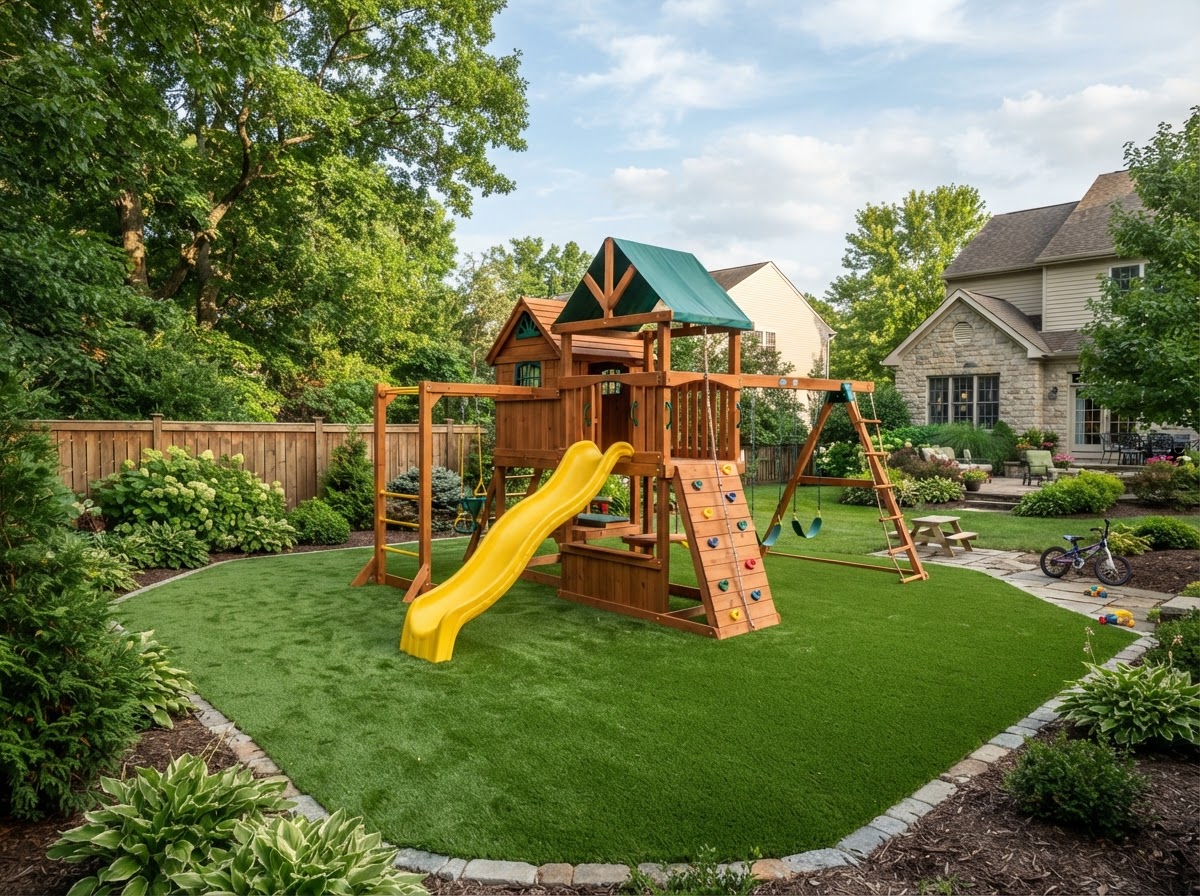 Finished community-style recreation area with green synthetic turf around play structures in a Pennsylvania setting