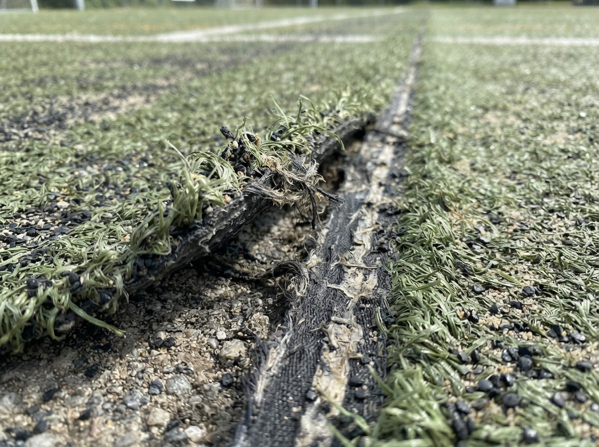 Close-up of a lifting edge and separated seam on artificial turf showing the problem area needing repair